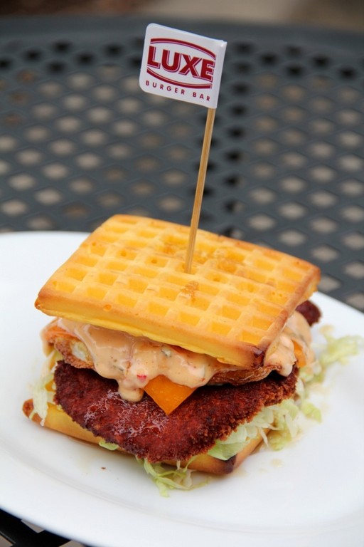 Wakefield's Laura Hebert created this Chicken-N-Waffle Burger, which won Luxe Burger Bar's Build Your Own Burger Contest